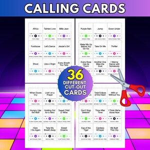 May include: A set of 36 printable calling cards featuring 80s song titles, artist names, and release years, displayed in a grid format with a central purple circular badge reading 36 DIFFERENT CUT-OUT CARDS and a pair of red-handled scissors.