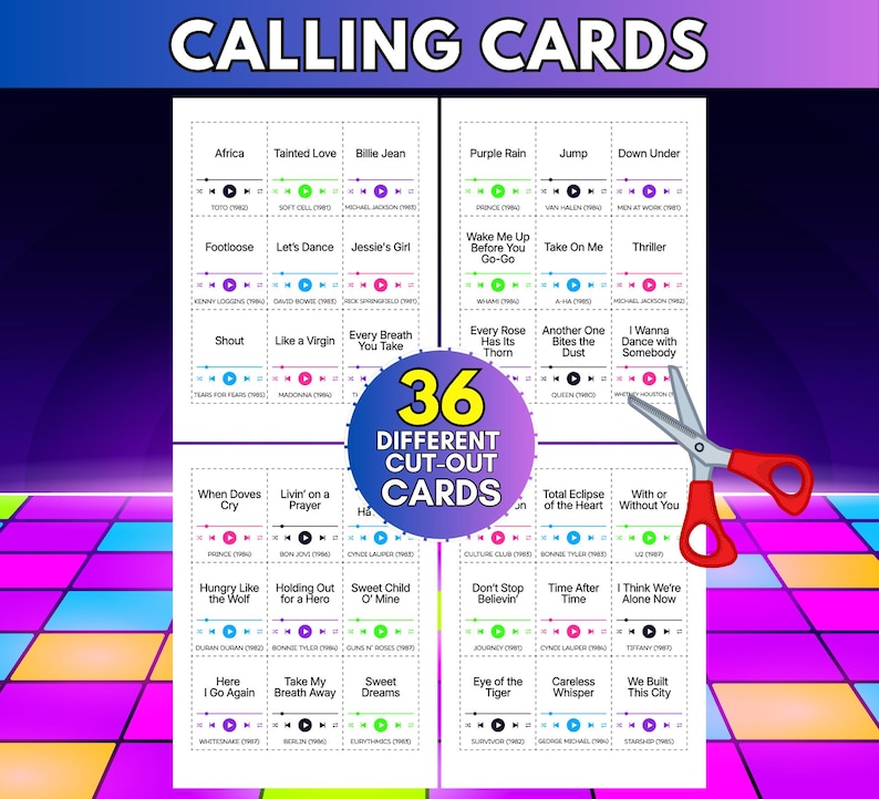 May include: A set of 36 printable calling cards featuring 80s song titles, artist names, and release years, displayed in a grid format with a central purple circular badge reading 36 DIFFERENT CUT-OUT CARDS and a pair of red-handled scissors.