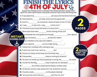 Jeu à imprimer avec paroles du 4 juillet, anecdotes musicales pour le jour de l'indépendance, quiz sur la chanson patriotique, activité fête de bureau de l'heure dorée de l'été