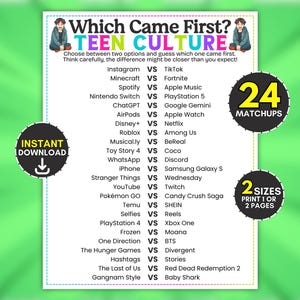 Puede incluir: Una hoja de juego imprimible titulada Which Came First? TEEN CULTURE con 24 comparaciones de aplicaciones, juegos y medios populares. El documento blanco incluye texto negro, dos personajes de dibujos animados y sellos circulares que indican 24 MATCHUPS, INSTANT DOWNLOAD y 2 SIZES.