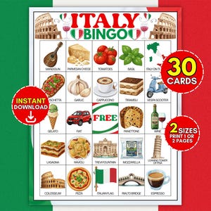 May include: An Italy Bingo game card featuring the title ITALY BINGO, illustrations of Italian landmarks like the Colosseum and Trevi Fountain, and food items including pizza, pasta, gelato, and espresso, with text overlays stating 30 CARDS and 2 SIZES.