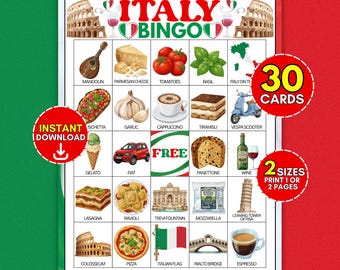 30 Italien Bingo druckbare Karten, Rom Reisen Geographie Klassenzimmer Gruppenaktivität, italienische Kultur Lernspiel für Kinder, sofort Download
