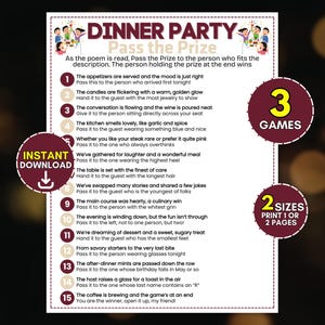 Może przedstawiać: Arkusz do gry na przyjęcie z tytułem Dinner Party Pass the Prize, zawierający wiersz z piętnastoma numerowanymi instrukcjami. Projekt zawiera bordowy i beżowy tekst, ilustracje osób jedzących kolację oraz okrągłe odznaki z napisami 3 GAMES, 2 SIZES i INSTANT DOWNLOAD z ikoną strzałki.