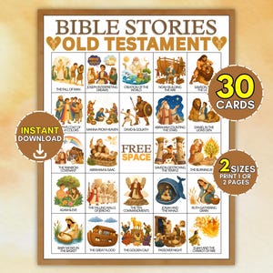 May include: A bingo game card titled BIBLE STORIES OLD TESTAMENT featuring a grid of 25 illustrated squares depicting various biblical scenes, including Adam and Eve, Noah's Ark, and David and Goliath, with text overlays stating 30 CARDS and 2 SIZES.