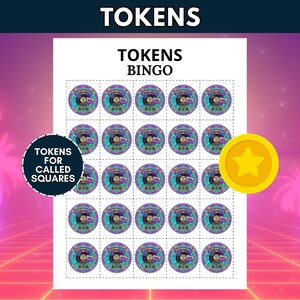 Puede incluir: Una hoja imprimible titulada TOKENS BINGO que presenta veinticinco fichas circulares con un gr&aacute;fico de casete retro y bordes festoneados morados. Una etiqueta negra circular dice TOKENS FOR CALLED SQUARES y una ficha de estrella.