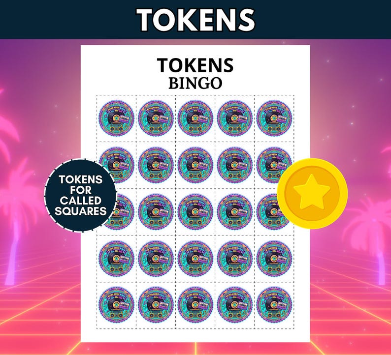 Puede incluir: Una hoja imprimible titulada TOKENS BINGO que presenta veinticinco fichas circulares con un gr&aacute;fico de casete retro y bordes festoneados morados. Una etiqueta negra circular dice TOKENS FOR CALLED SQUARES y una ficha de estrella.