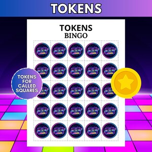 May include: A printable sheet titled TOKENS BINGO featuring twenty-five circular tokens with a retro cassette tape graphic on a dark background with colorful musical notes. A purple circular label reads TOKENS FOR CALLED SQUARES.