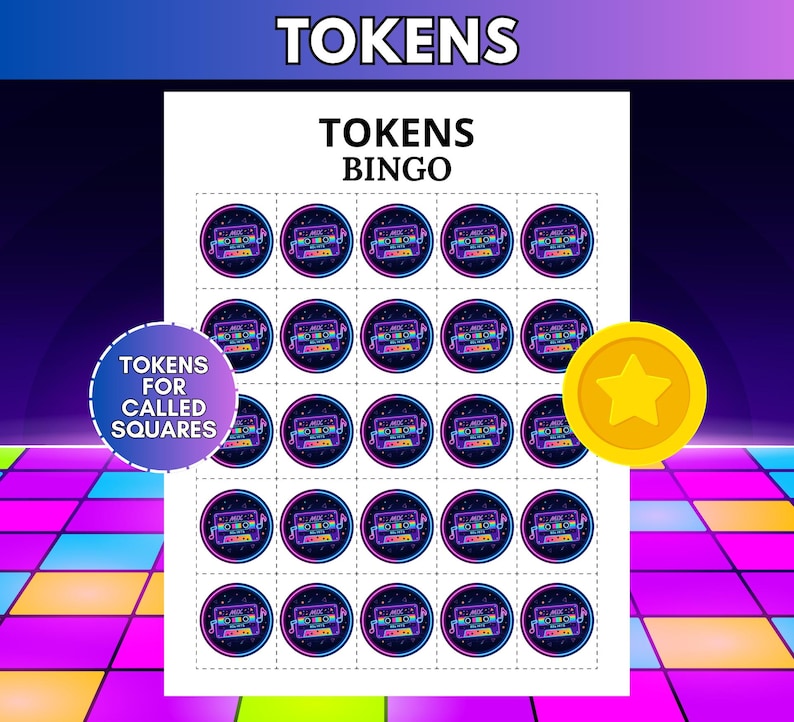 May include: A printable sheet titled TOKENS BINGO featuring twenty-five circular tokens with a retro cassette tape graphic on a dark background with colorful musical notes. A purple circular label reads TOKENS FOR CALLED SQUARES.