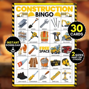 May include: A construction bingo game card featuring a yellow and black border, the title CONSTRUCTION BINGO, and a grid of 25 squares containing illustrations of tools and equipment like a shovel, wrench, drill, and cement mixer with text labels.