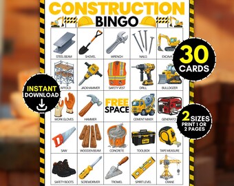 30 Construction Bingo Game, Kids Builder Theme Birthday Party Game, Yellow Truck Tractor School Activity for Little Boys, Tools Themed Cards