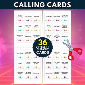 Puede incluir: Una hoja imprimible de 36 tarjetas musicales con t&iacute;tulos de canciones, artistas y a&ntilde;os de lanzamiento. Las tarjetas est&aacute;n dispuestas en una cuadr&iacute;cula con l&iacute;neas de corte punteadas. Unas tijeras de mango rojo se sit&uacute;an sobre el lado derecho.