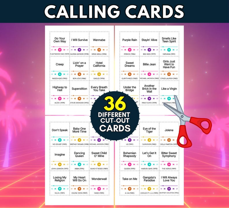 Puede incluir: Una hoja imprimible de 36 tarjetas musicales con t&iacute;tulos de canciones, artistas y a&ntilde;os de lanzamiento. Las tarjetas est&aacute;n dispuestas en una cuadr&iacute;cula con l&iacute;neas de corte punteadas. Unas tijeras de mango rojo se sit&uacute;an sobre el lado derecho.