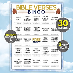 May include: A Bible Verses Bingo game card featuring a grid of 25 squares with various scripture quotes and citations. The design includes a blue sky background, illustrations of open books, and circular badges stating 30 cards and 2 sizes.