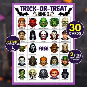 Puede incluir: Una tarjeta de juego Trick-or-Treat Bingo con una cuadrícula de 25 personajes de películas de terror como Annabelle, The Devil y Jigsaw. La hoja con borde morado incluye el texto 30 cards, instant download y 2 sizes print 1 or 2 pages.