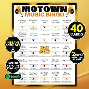 May include: A Motown Music Bingo game card featuring a grid of song titles and artist names. The header reads Motown Music Bingo with microphone and record icons. The grid includes a center Free Space and various song titles like I Can't Help Myself.