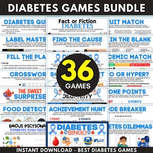 36 Diabetes Support Group Bundle Games, Adult Icebreaker Diabetic Activities, Blue Ribbon Month Workshop Kit, T1D T2D Awareness Worksheets
