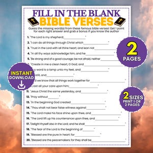 May include: A white printable game sheet titled FILL IN THE BLANK BIBLE VERSES with twenty numbered lines for answers. It features two purple circular badges stating 2 PAGES and INSTANT DOWNLOAD, plus a 2 SIZES badge on a cloudy background.