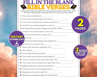 Jeu de remplissage de mémoire biblique, anecdotes sur les versets de la Bible à imprimer, activité d'étude en famille chrétienne, quiz éducatif pour groupe de jeunes de l'église