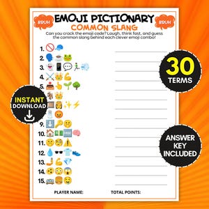Puede incluir: Una hoja de juego de Emoji Pictionary titulada Common Slang con quince líneas numeradas que presentan combinaciones de emojis para descifrar. La página blanca incluye instrucciones, líneas en blanco para respuestas y secciones para nombre y puntos.