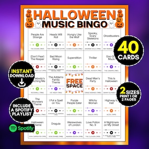 40 Halloween Music Bingo Cards, Spooky Horror Movie Song Game for Kids Teens Party, October Hits Family Group Scary Games, Spotify Playlist