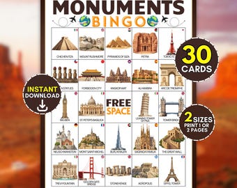30 World Monuments Bingo Cards, Global Landmarks Travel Game for Kids, Classroom Geography Tourist Education Activity, Instant Download PDF