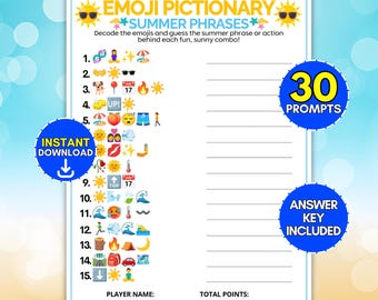 Emoji Pictionary Summer Camp Game, 30 Sunny Phrases Riddles, End of School Year Activity for Kids, Fun Printable Beach Pool Party Icebreaker