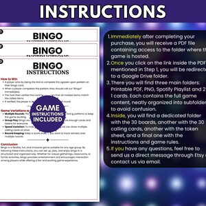 Op de afbeelding: Een digitaal document getiteld BINGO INSTRUCTIONS met drie genummerde pagina's en een paarse ronde badge met de tekst GAME INSTRUCTIONS INCLUDED. Aan de rechterkant staat een lijst van vijf stappen die het proces beschrijft voor toegang tot spelbestanden via een Google Drive-map na aankoop.