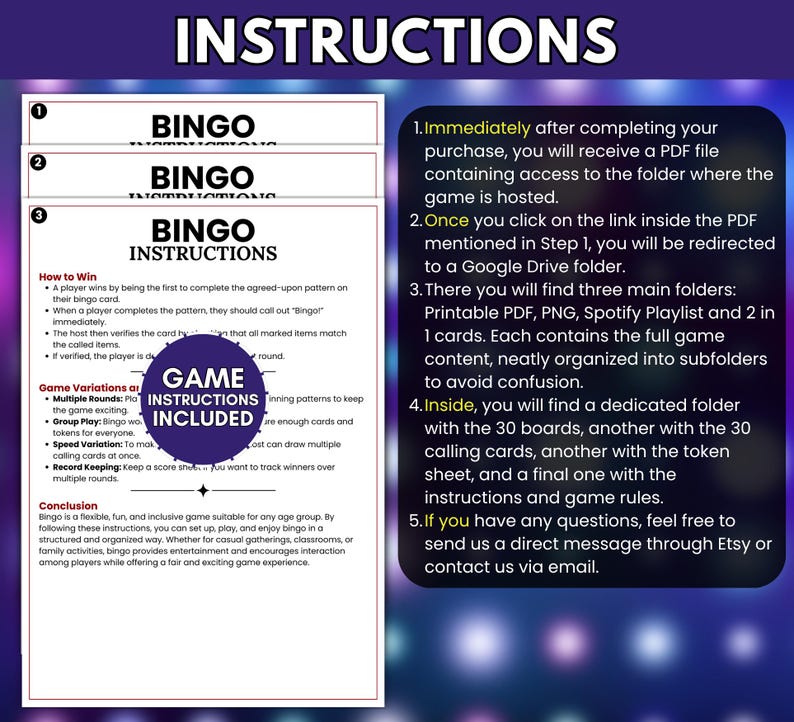 Op de afbeelding: Een digitaal document getiteld BINGO INSTRUCTIONS met drie genummerde pagina's en een paarse ronde badge met de tekst GAME INSTRUCTIONS INCLUDED. Aan de rechterkant staat een lijst van vijf stappen die het proces beschrijft voor toegang tot spelbestanden via een Google Drive-map na aankoop.