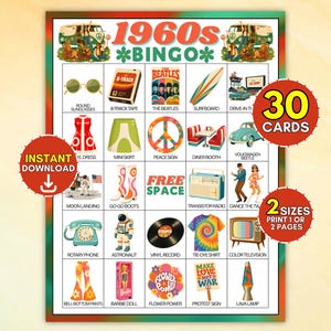 Op de afbeelding: Een 1960s Bingo-spelkaart met een raster van illustraties waaronder een ronde zonnebril, een 8-track tape, The Beatles, een surfplank, een diner-zitje, een Volkswagen Kever, go-go laarzen, een transistorradio, een draaitelefoon en een lavalamp.