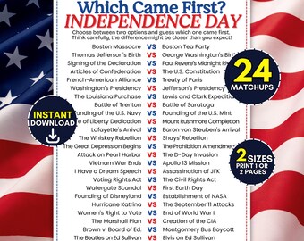 Welches kam zuerst? 4. Juli Spiel, Unabhängigkeitstag Geschichte Trivia, USA Fun Facts Guessing Aktivität, lustige Party am 4. Juli für Kinder Jugendliche