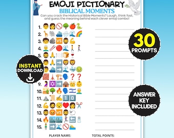 Bible History Emoji Pictionary Guessing Game, 30 Biblical Riddles, Christian Youth Group Learning Activity, Sunday School Printable For Kids