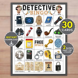 Może przedstawiać: Karta do gry Detective Bingo z siatką dwudziestu pięciu kwadratów z ilustracjami narzędzi śledczych, takich jak prochowiec, kajdanki, lupa, odcisk palca i taśma z miejsca zbrodni, wraz z etykietami tekstowymi dla każdego elementu.