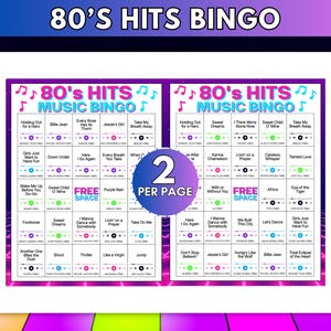 May include: Two 80's Hits Music Bingo game cards on a single sheet. Each card features a grid with song titles, artist names, release years, and media player icons. A central purple circle displays the text 2 PER PAGE. The design uses neon pink, blue, and purple accents against a white background with musical note graphics.