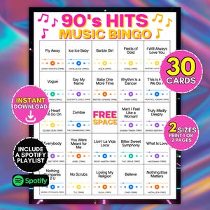 以下が含まれることがあります： 90年代のヒット曲ミュージックビンゴゲームカード。曲名とアーティスト名、再生アイコンがグリッド状に配置されています。ピンクと黄色のテキスト、中央のフリースペース、30枚のカード、インスタントダウンロード、2つのサイズ、Spotifyプレイリストが含まれていることを示す円形のバッジがデザインされています。