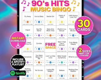 90s Music Bingo Printable Game, Throwback Party Activity, 30 Nostalgic Song Cards, Fun Adult Millennial Birthday Trivia & Spotify Playlist