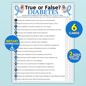 Könnte beinhalten: Ein Richtig-oder-Falsch-Quizblatt zum Thema Diabetes mit zwanzig nummerierten Aussagen über Gesundheit und Blutzuckermanagement. Das Dokument enthält eine Spalte mit Kontrollkästchen, blaue Schleifengrafiken und Textlabels für 6 Karten und 2 Größen.