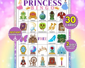 30 Princess Bingo Printable Cards Set, Enchanted Kingdom Birthday Party Activity, Fairytale Kids Classroom Group Game, Instant Download PDF