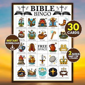 May include: A Bible Bingo game card featuring a grid of twenty-five squares with colorful illustrations of biblical items like a shepherd's staff, harp, and manger. The text includes 'BIBLE BINGO', 'FREE SPACE', '30 CARDS', and '2 SIZES'.