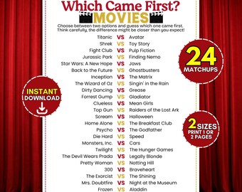 Welche kam zuerst Kino-Spiel, Movie Buff Timeline Trivia, Pop Kultur Film Guessing Challenge, Spaß Erwachsene Teen Party Eisbrecher Aktivitäten