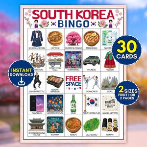 May include: A South Korea Bingo game sheet featuring 25 squares with illustrations of cultural icons like a school uniform, hotteok, cherry blossoms, tteokbokki, a street food stall, noraebang, a Hyundai car, hanbok, taekwondo, and kimchi.