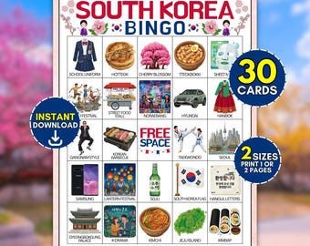 Korean Culture Printable Bingo Game, 30 South Korea Cards, Fun Kids Teens Adults K-Drama K-Pop Party Activity, Fandom Event Icebreaker Idea
