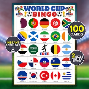 Puede incluir: Una hoja de juego de bingo World Cup 2026 con una cuadrícula de banderas nacionales circulares, balones de fútbol y un espacio libre central. El encabezado muestra el texto World Cup 2026, con superposiciones que indican 100 tarjetas y 2 tamaños.
