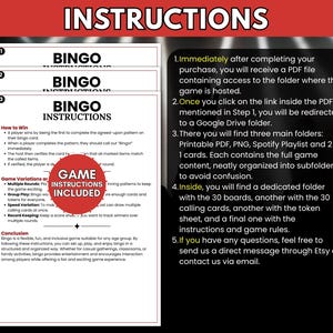 May include: A white document titled BINGO INSTRUCTIONS with black text detailing game rules, variations, and conclusion. A red circular badge states GAME INSTRUCTIONS INCLUDED. A black panel lists five steps for accessing digital files via Google Drive.