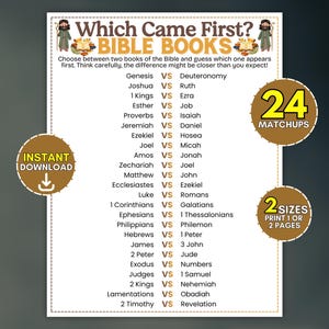 Puede incluir: Una hoja de juego imprimible titulada Which Came First? BIBLE BOOKS que presenta una lista de 24 enfrentamientos de libros bíblicos. El diseño incluye ilustraciones de figuras con bastones y pergaminos, además de insignias con 24 MATCHUPS y 2 SIZES.