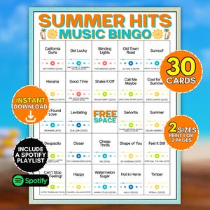 May include: A Summer Hits Music Bingo game card featuring a grid of song titles and artist names with media player icons. The design includes orange and teal text, a central free space, and circular badges indicating 30 cards, instant download, and a Spotify playlist.
