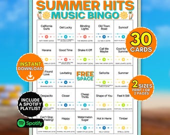 30 Summer Music Bingo Printable Cards, Hit Songs Group Party Game For Teens & Adults, Fun Musical Activity, Weekend Event Instant Download