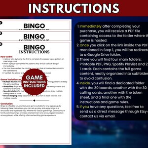 Puede incluir: Un documento blanco titulado BINGO INSTRUCTIONS con texto negro que detalla c&oacute;mo ganar, variaciones del juego y una conclusi&oacute;n. Una insignia circular roja indica GAME INSTRUCTIONS INCLUDED. Un panel negro enumera cinco pasos de acceso.