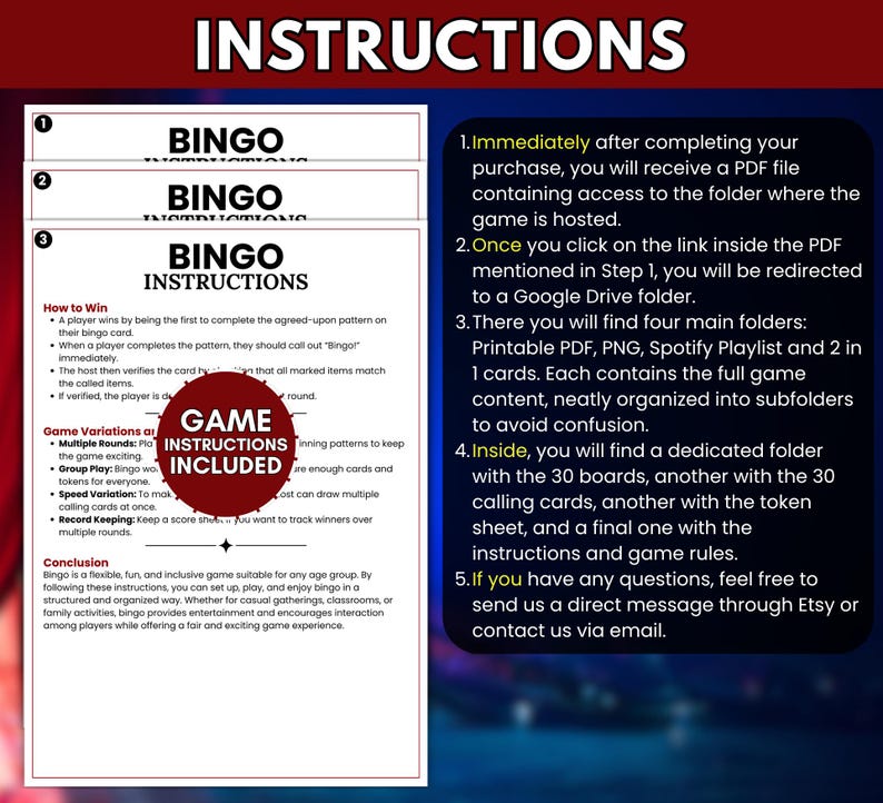 Puede incluir: Un documento blanco titulado BINGO INSTRUCTIONS con texto negro que detalla c&oacute;mo ganar, variaciones del juego y una conclusi&oacute;n. Una insignia circular roja indica GAME INSTRUCTIONS INCLUDED. Un panel negro enumera cinco pasos de acceso.