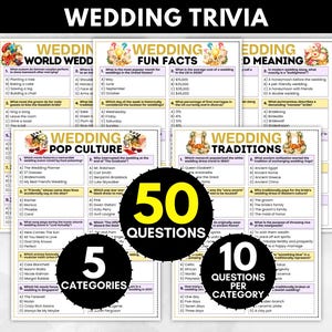 May include: A set of wedding trivia game sheets featuring five categories: World Wedding, Fun Facts, Word Meaning, Pop Culture, and Traditions. Each sheet contains multiple-choice questions with text headers, colorful illustrations, and three black circular overlays.