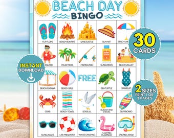 30 Beach Day Bingo Printable Cards, End of Year Classroom Game, Kids Summer School Fun Activity, Sunshine Party Ideas, Instant Download PDF